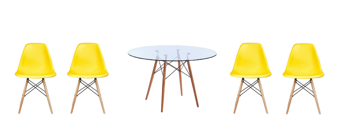 5 Piece Glass Table and Yellow Wooden Leg Chairs
