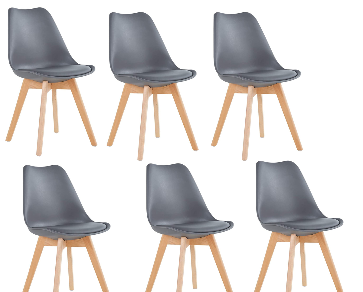 Dining Chairs with Cushioned Seat & Wooden Legs - 6-Pack - Grey
