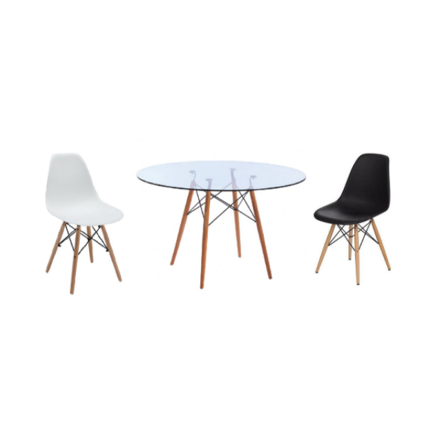 3 Piece Glass Table and Wooden Leg Chairs