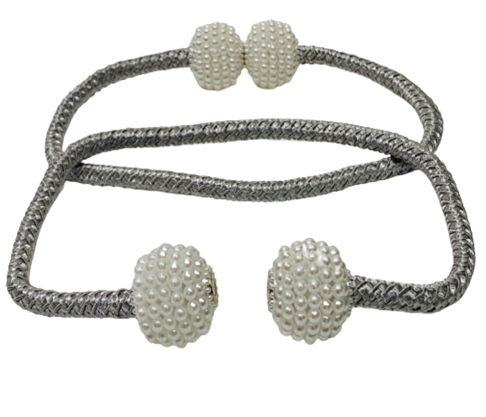 2PC Fine Magnetic Pearl Curtain Tieback - Silver