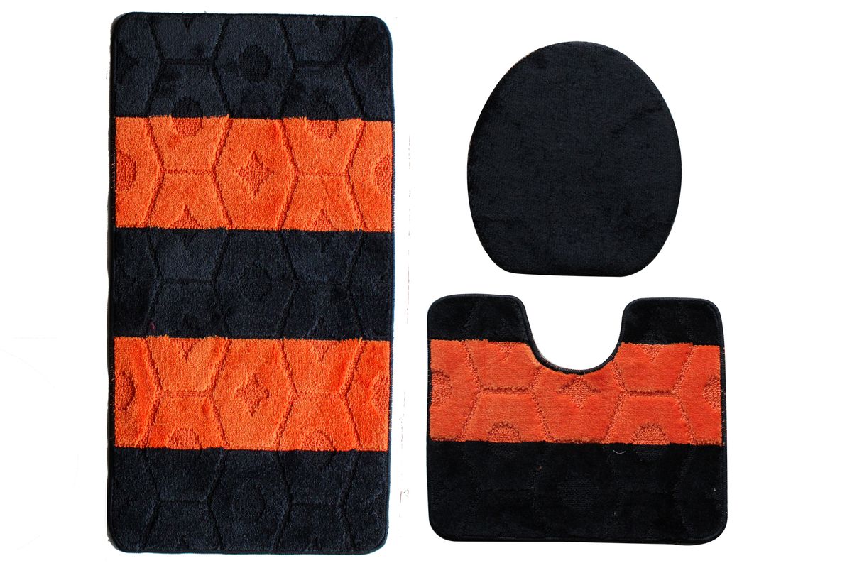 60x100cm Two Tone 3 Pcs Nonslip Turkish Toilet Cover & Mat Set Black/Orange