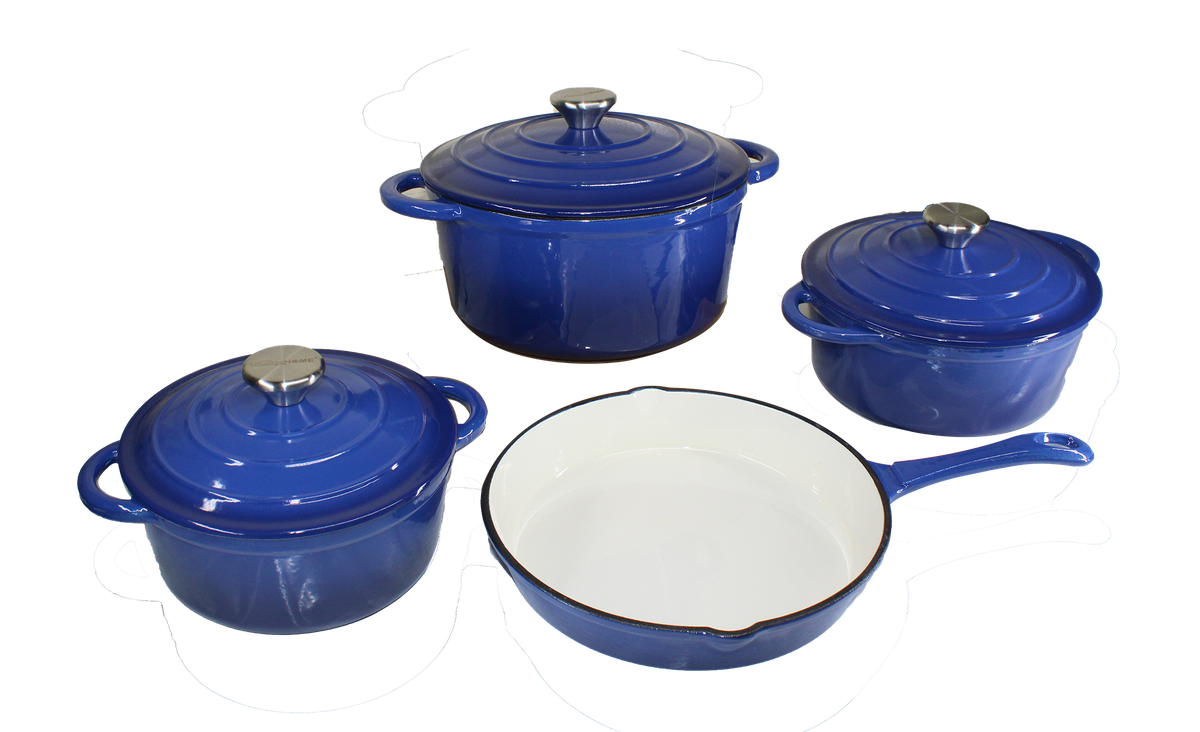 7 Piece Authentic Cast Iron Dutch Oven Cookware Pot Set - Red - Blue