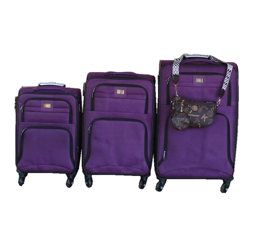 3-Piece Purple Spinner Luggage Set with Brown Monogram Travel Pouch