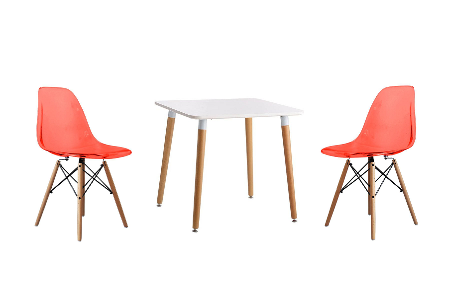 Transparent Color Wooden Leg Chair and Square Table Set - Red