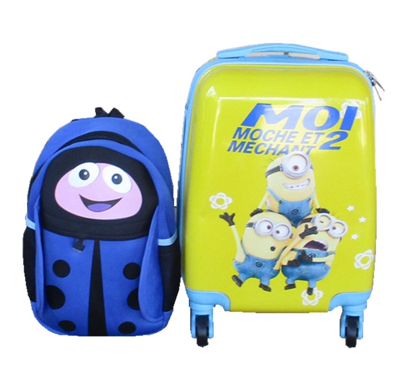 Yellow Minions Kids Rolling Suitcase-Blue 4-Wheel Hard Shell with Kid Bag