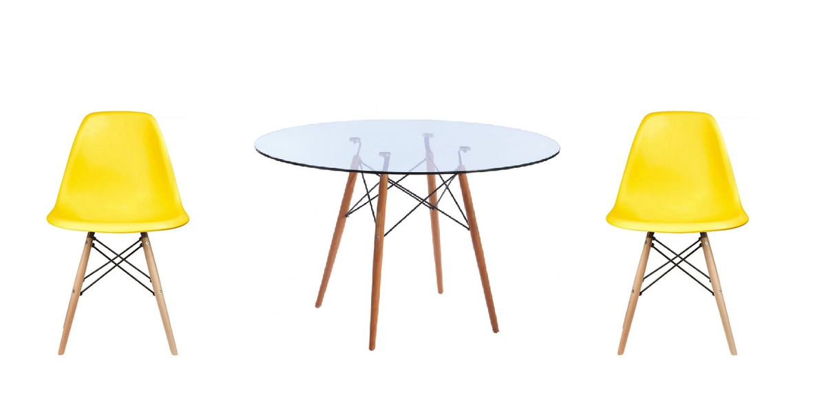 3 Piece Glass Table and Yellow Wooden Leg Chairs