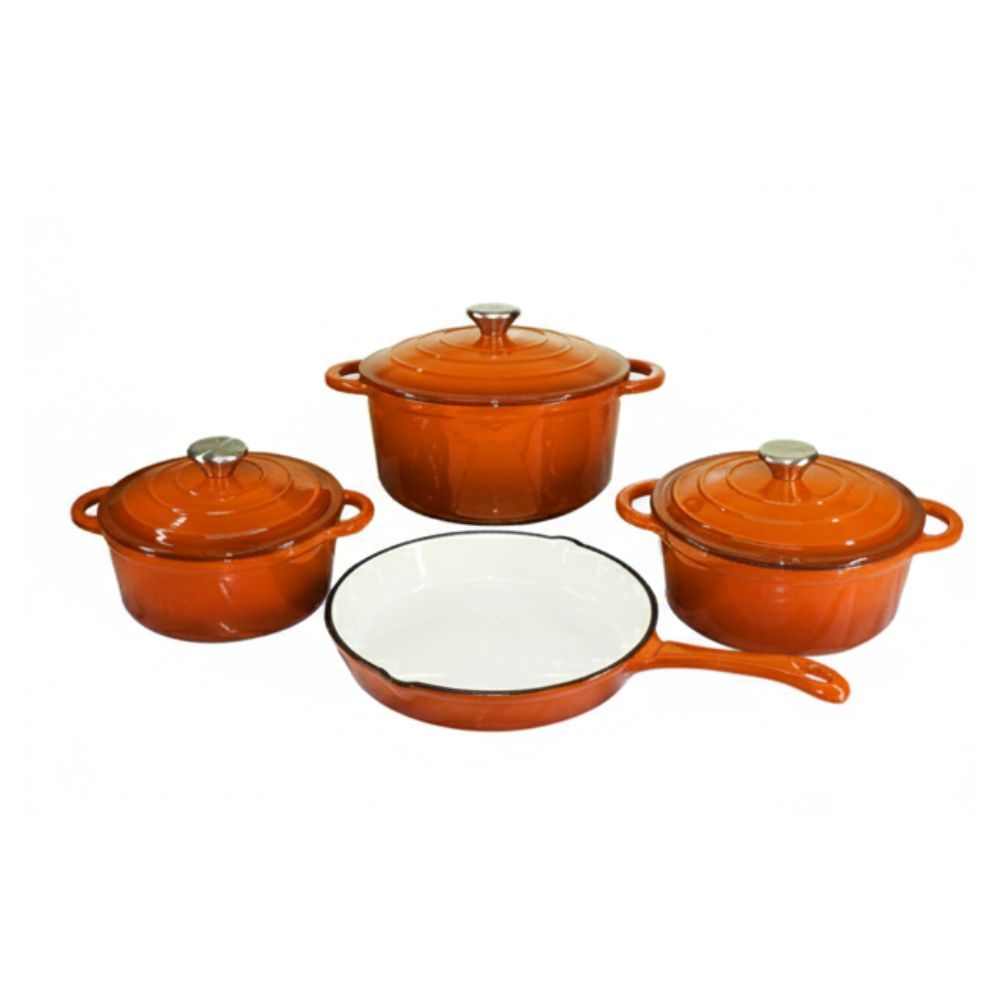 7-Piece Premium White Ceramic Cast Iron Dutch Oven & Cookware Set - Orange