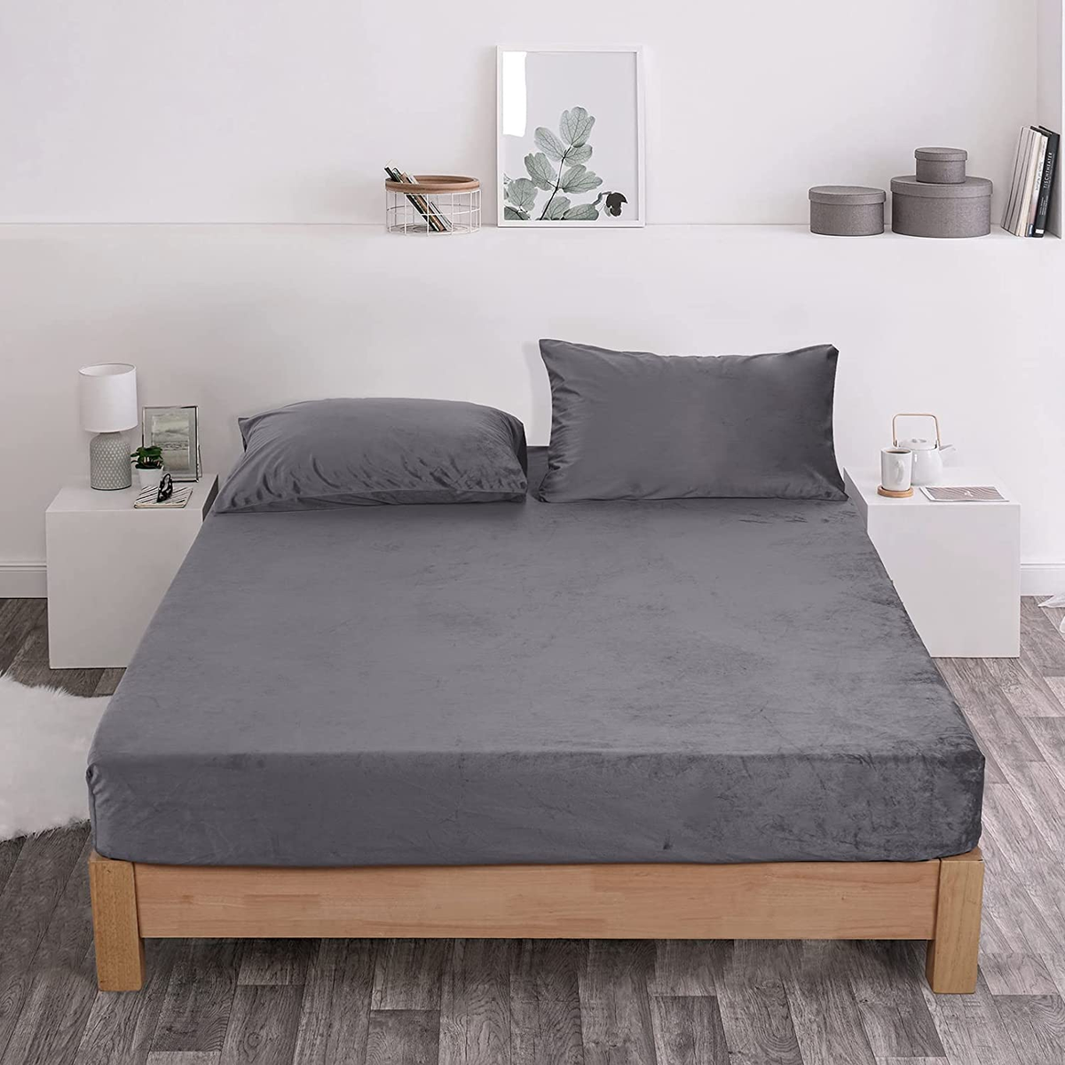 3 Pieces Colorful Velvet Fitted Sheet Queen Size with 2 Pillow Cases - Dark Grey