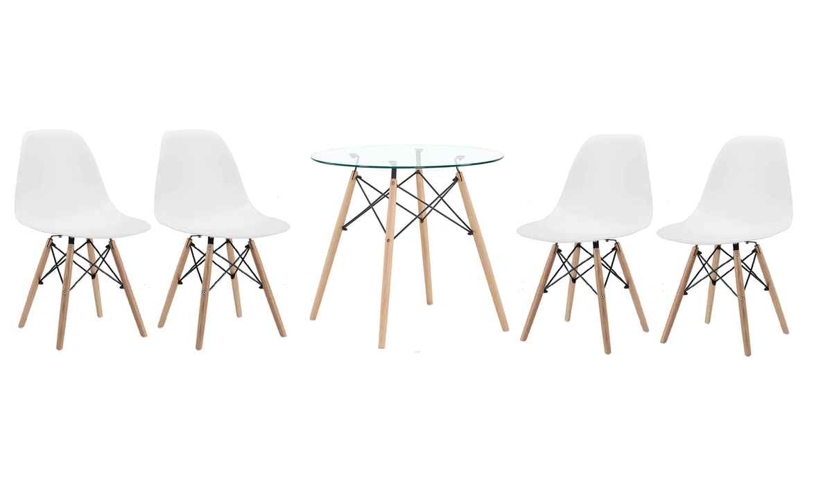5 Piece Glass Table and Wooden Leg Chairs (White)