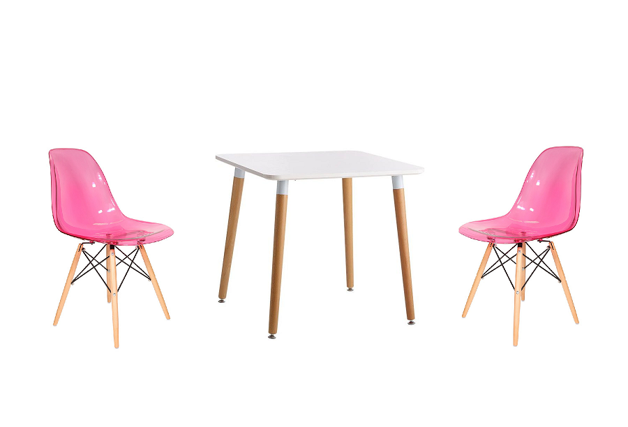 Transparent Color Wooden Leg Chair and Square Table Set - Pink