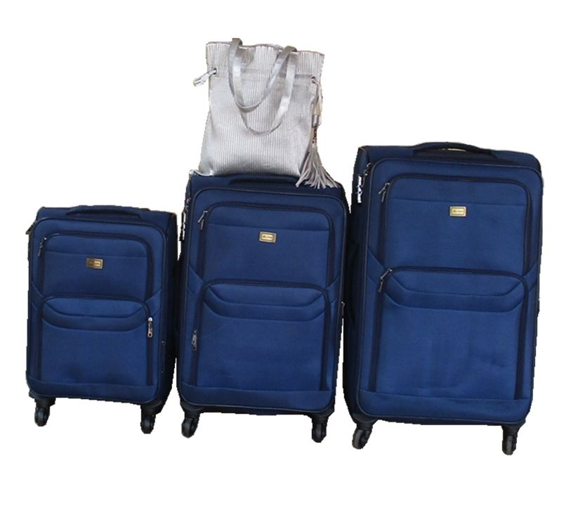 3-Piece Navy Fabric Spinner Luggage Set with Silver Tote Bag