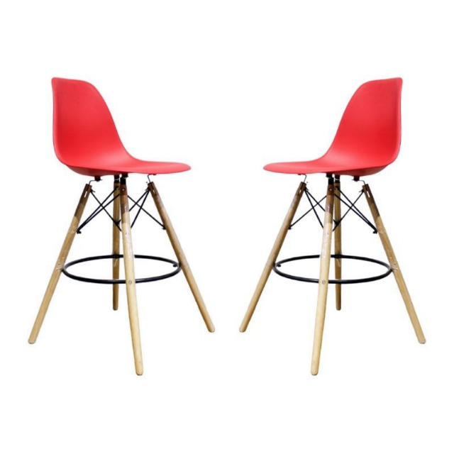 Wooden Leg Bar Chair- Pack Of 2- Red