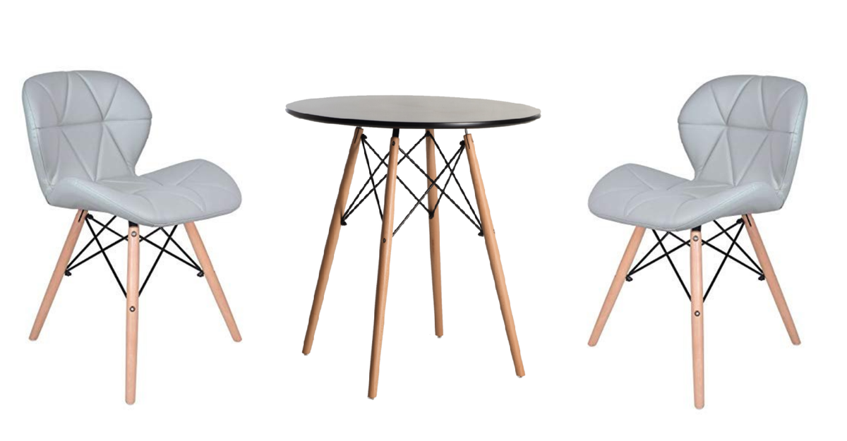 Modern Wooden Round Dining Table with 2 Soft Padded PU Leather Chairs - Grey