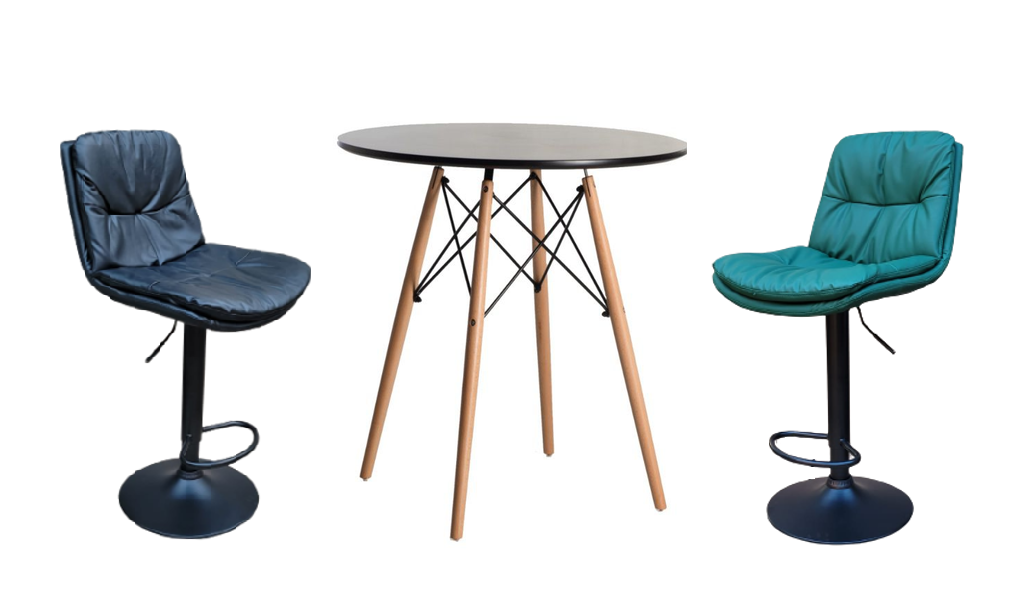 Soft Padded Perla Black Based Bar Stool and Black Wooden Table Set - Black