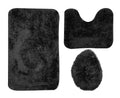 3 Piece Fluffy Toilet Seat Cover & Bathroom Mats Set - Black