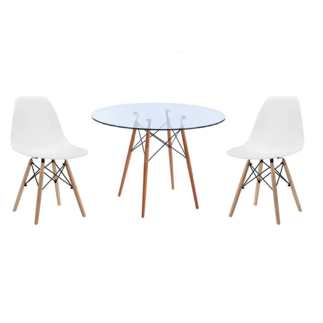 Glass Table and Wooden Leg Chairs (3 piece set) - White