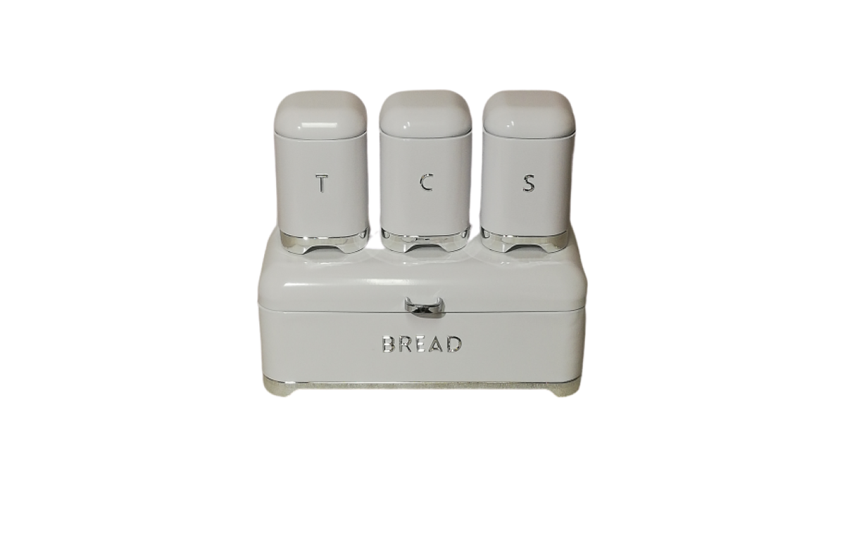Bread Bin With Tea Coffee Sugar Canister Set - Retro 4 Piece - White & Silver