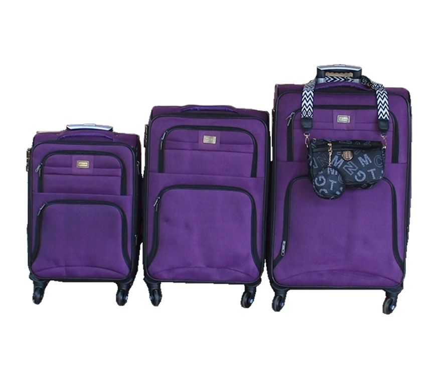 3-Piece Purple Fabric Spinner Luggage Set with Matching Travel Sidebag