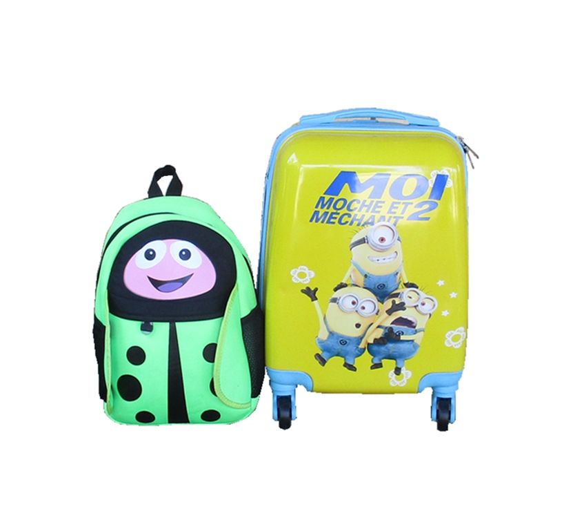 Yellow Minions Kids Rolling Suitcase 4-Wheel Blue Hard Shell +kid bag