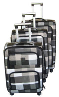 3 Piece Checkered  Art PU Leather Travel Luggage Bag Set - White & Black - White & Black