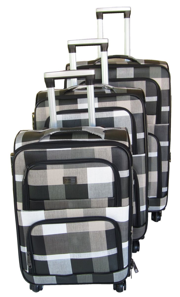3 Piece Checkered  Art PU Leather Travel Luggage Bag Set - White & Black - White & Black