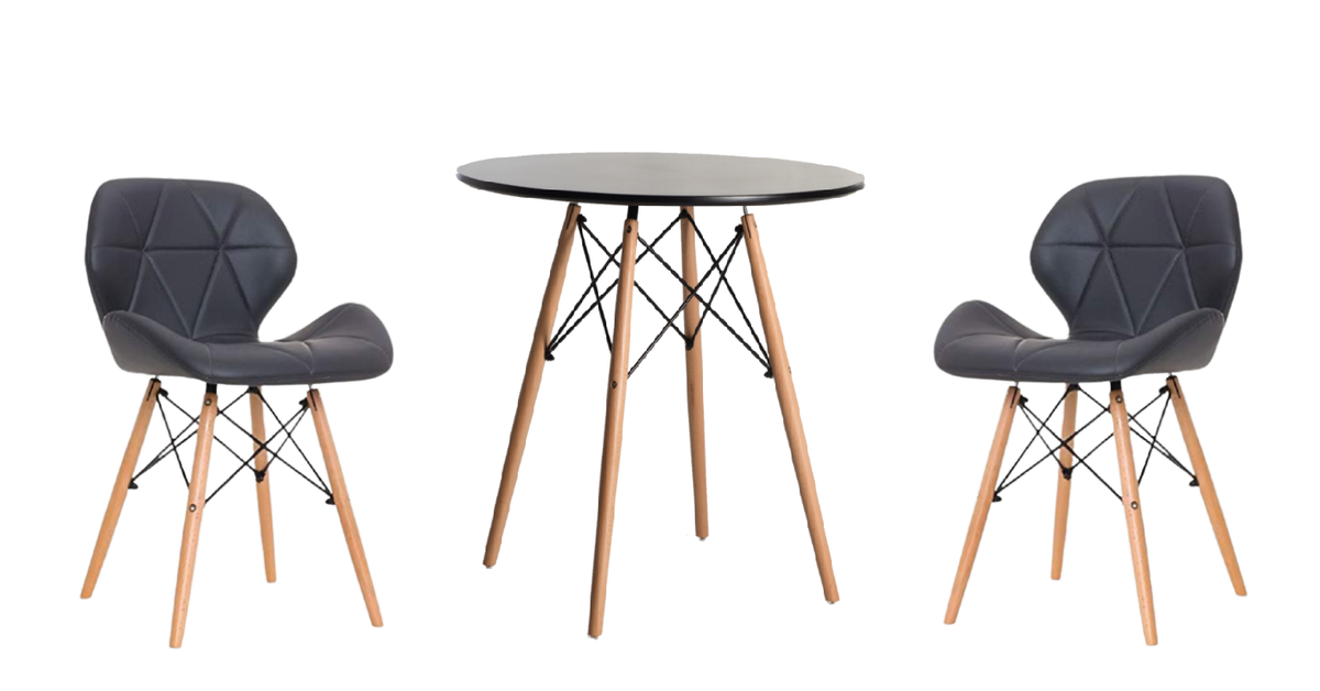 Modern Wooden Round Dining Table with 2 Soft Padded PU Leather Chairs - Black