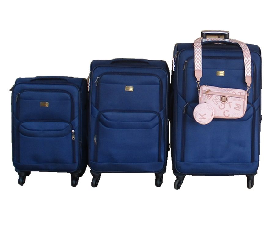 3-Piece Fabric Spinner Luggage Set with Side Bag - Navy & Pink