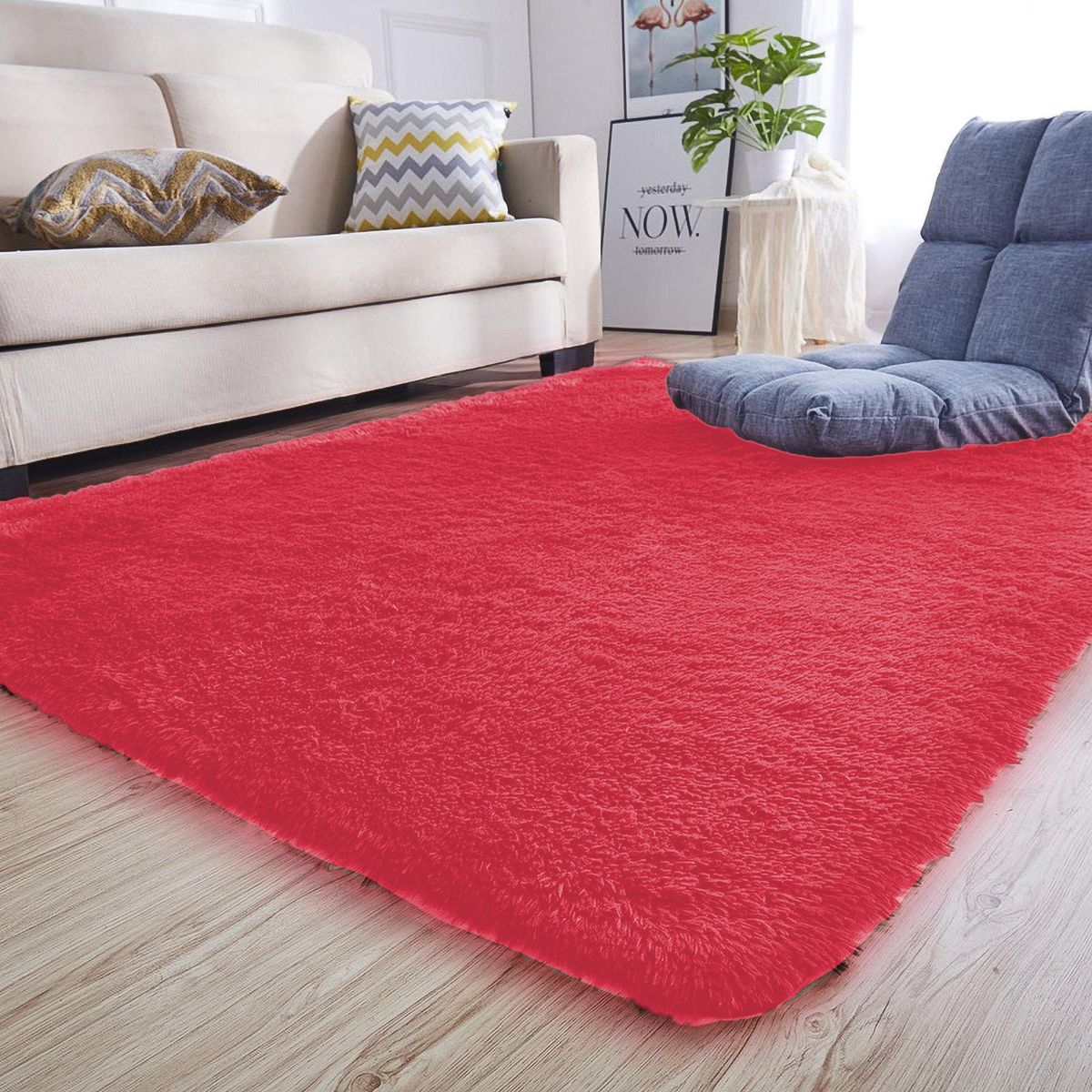 140 x 180cm Plush Fluffy Carpet - Shaggy & Foldable Rugs - Red