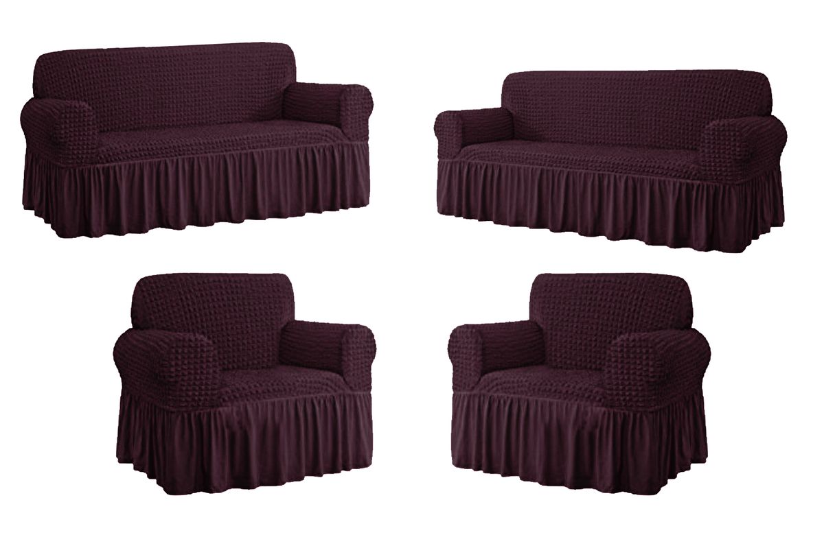Decadent Ruffled 4 Piece Sofa & Couch Slipcover Set -2 + 2 + 1 + 1 Maroon