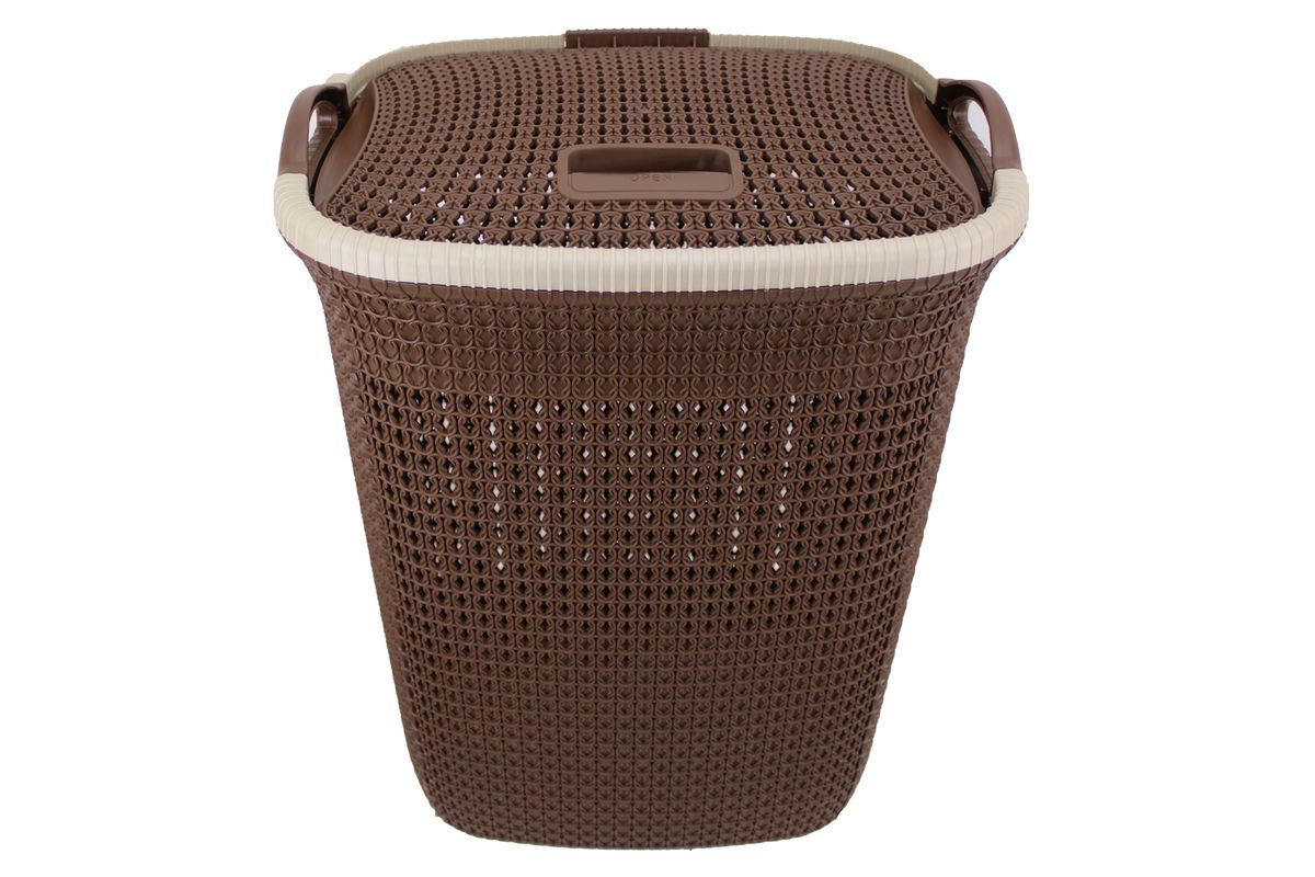 Two Tone PVC Mesh Weave Laundry Basket with Push-2-Lock Lid - Brown, White
