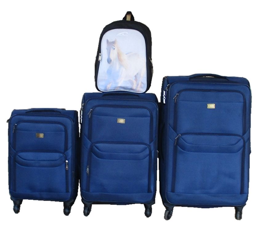 Navy Blue 3-Piece Fabric Spinner Luggage Set with White Horse Backpack