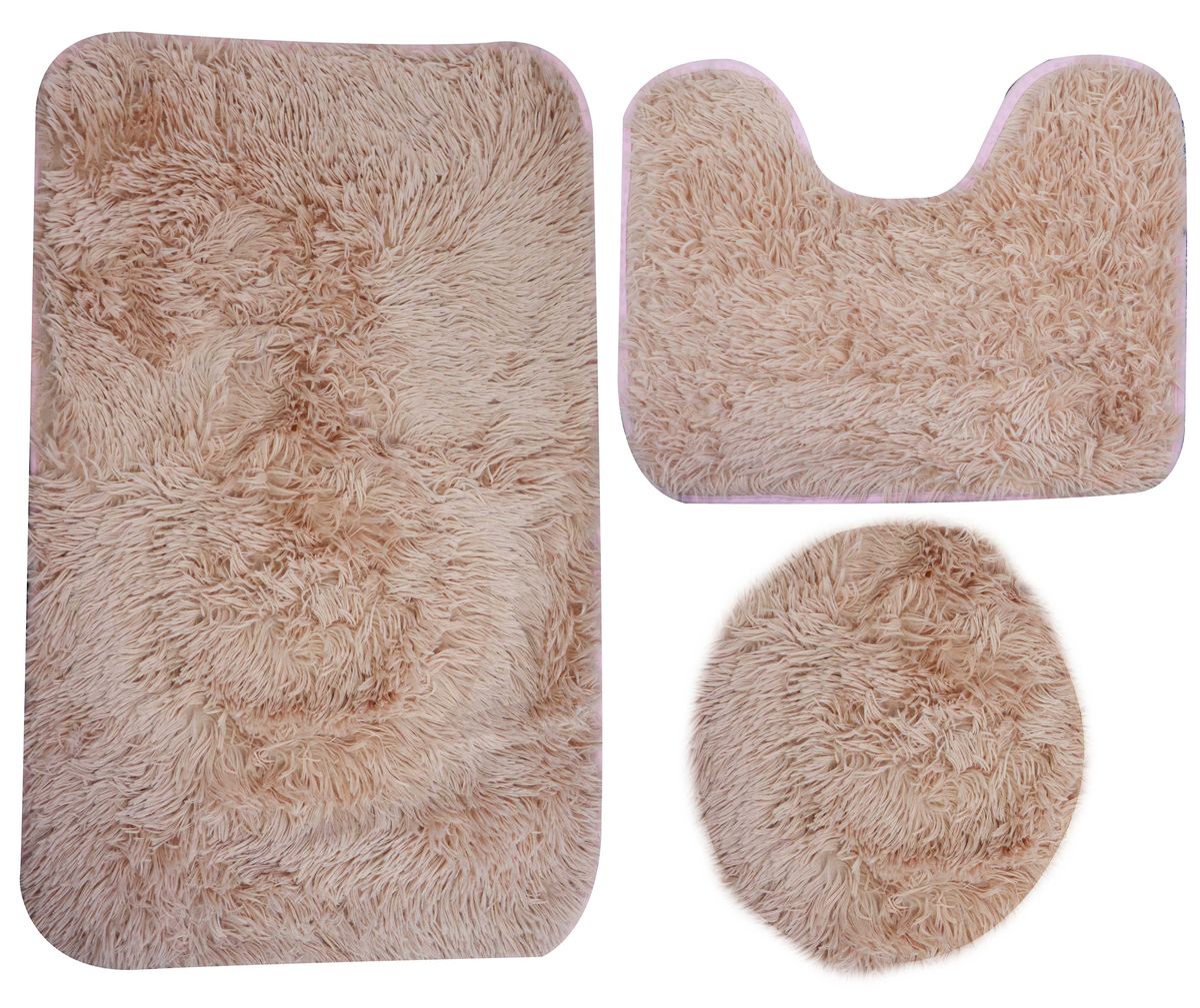 3 Piece Fluffy Toilet Seat Cover & Bathroom Mats Set - Pink