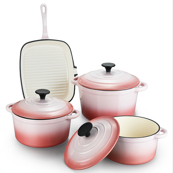 7 Piece Cast Iron Cookware/Pots - Flamingo