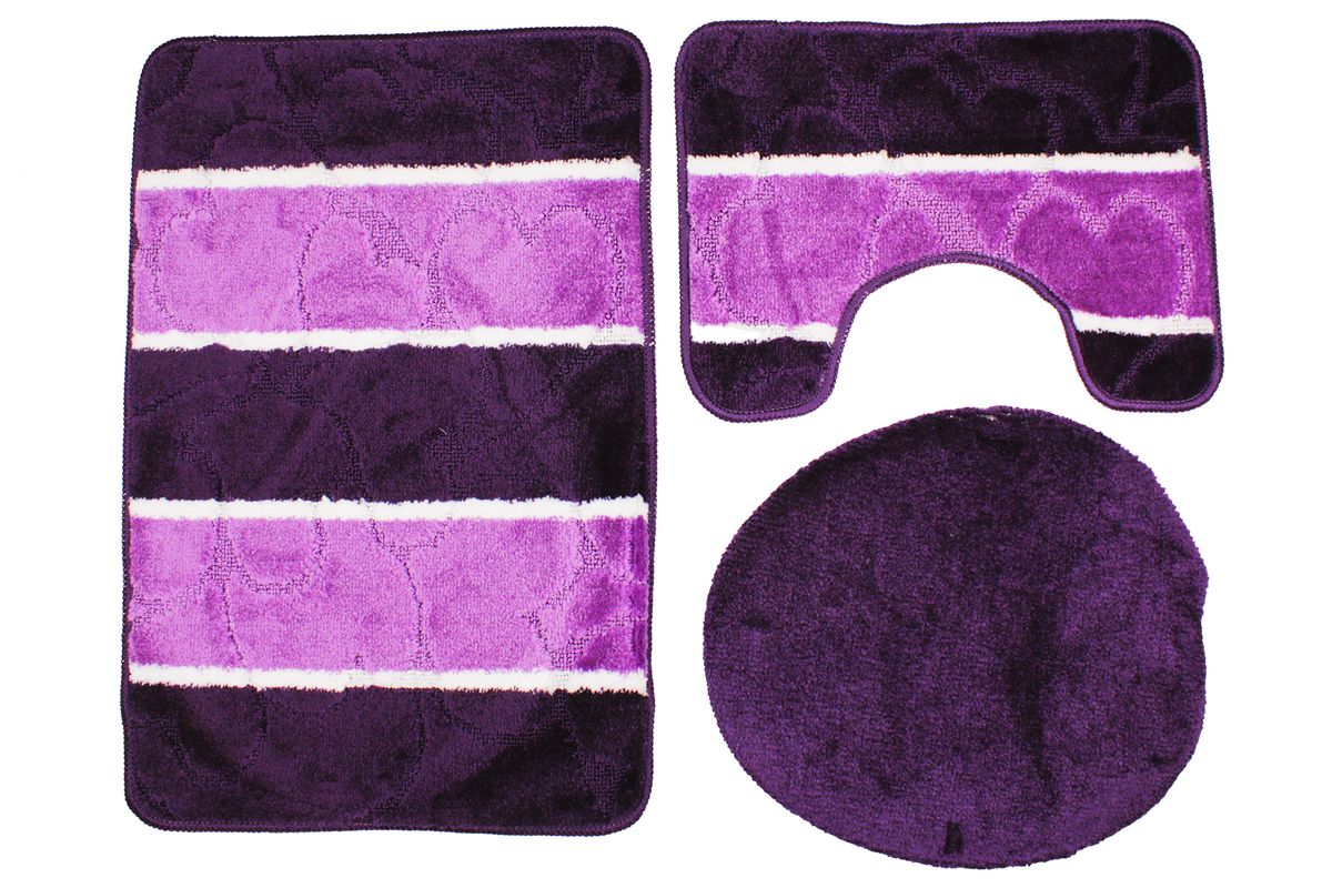 3 Piece White Stripe NonSlip Turkish Toilet Cover & Mat Set D.Lilac/L.Lilac