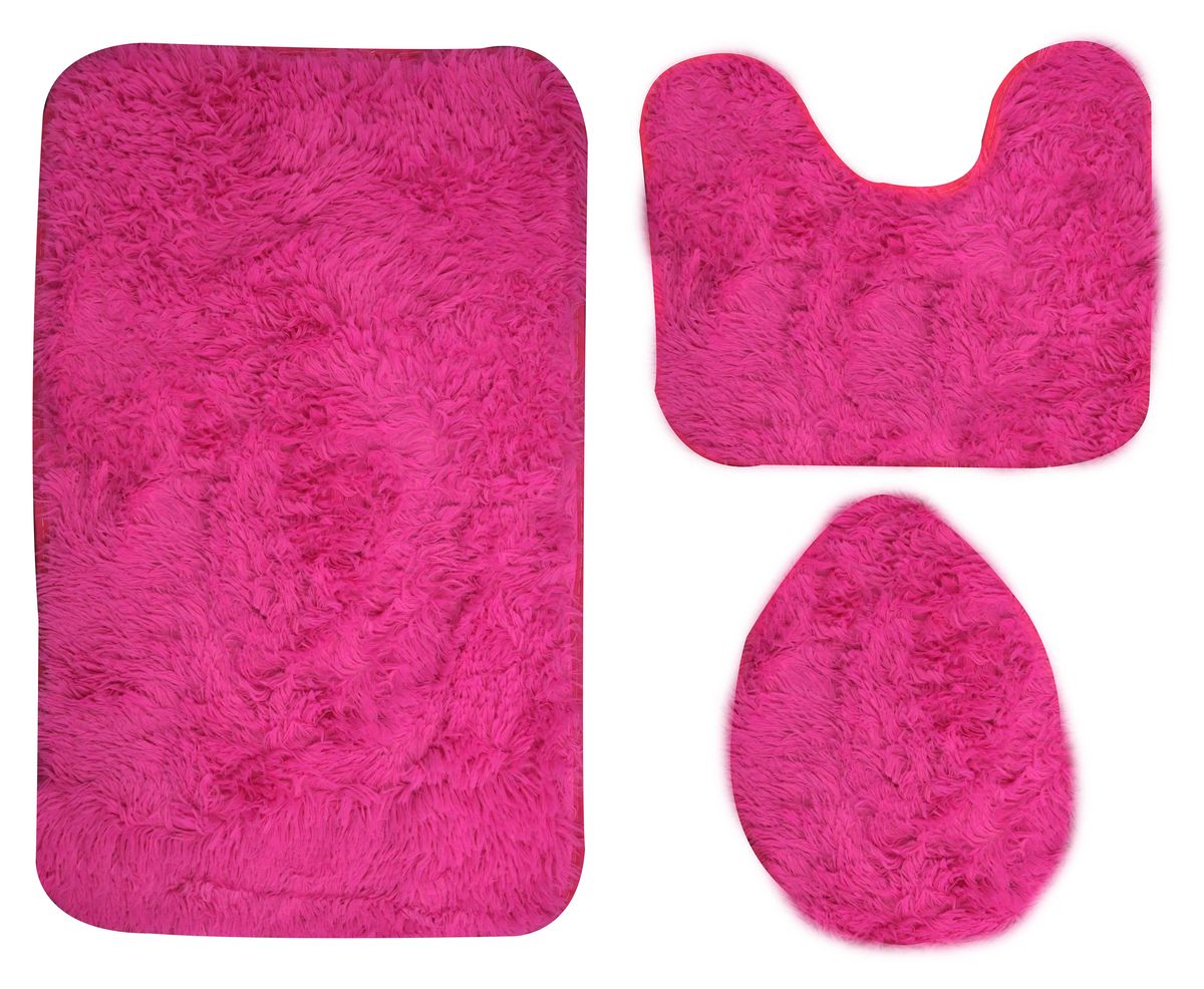 3 Piece Fluffy Toilet Seat Cover & Bathroom Mats Set - Hot Pink