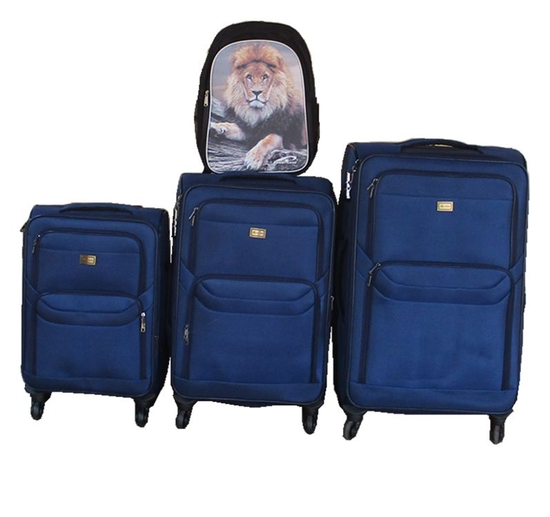 3-Piece Navy Fabric Spinner Luggage Set with Lion Graphic Backpack