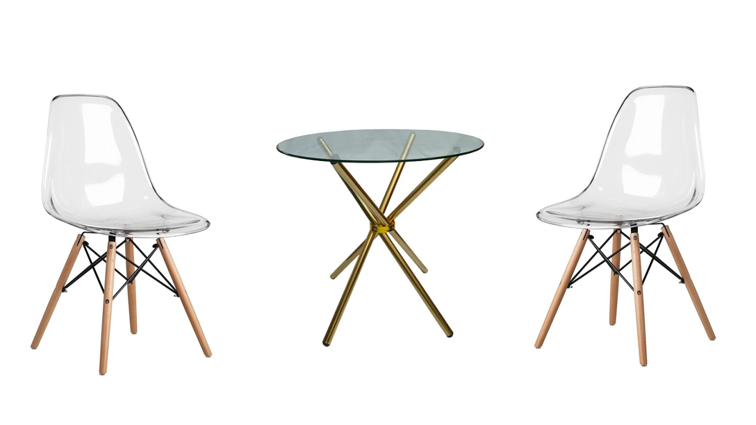 3 Piece Glass Table Gold Legs and Clear Wooden Leg Chairs
