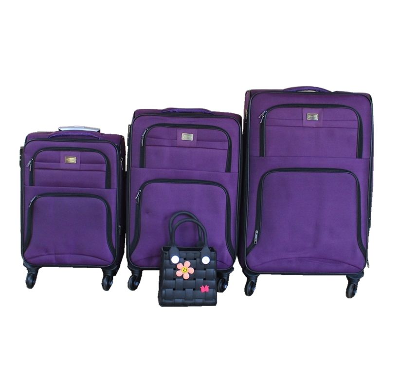 3-Piece Purple Spinner Suitcase Set with Decorative Woven Accessory Handbag
