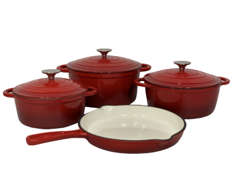 Pot set 7 Piece Cast Iron Grooved Lid Red