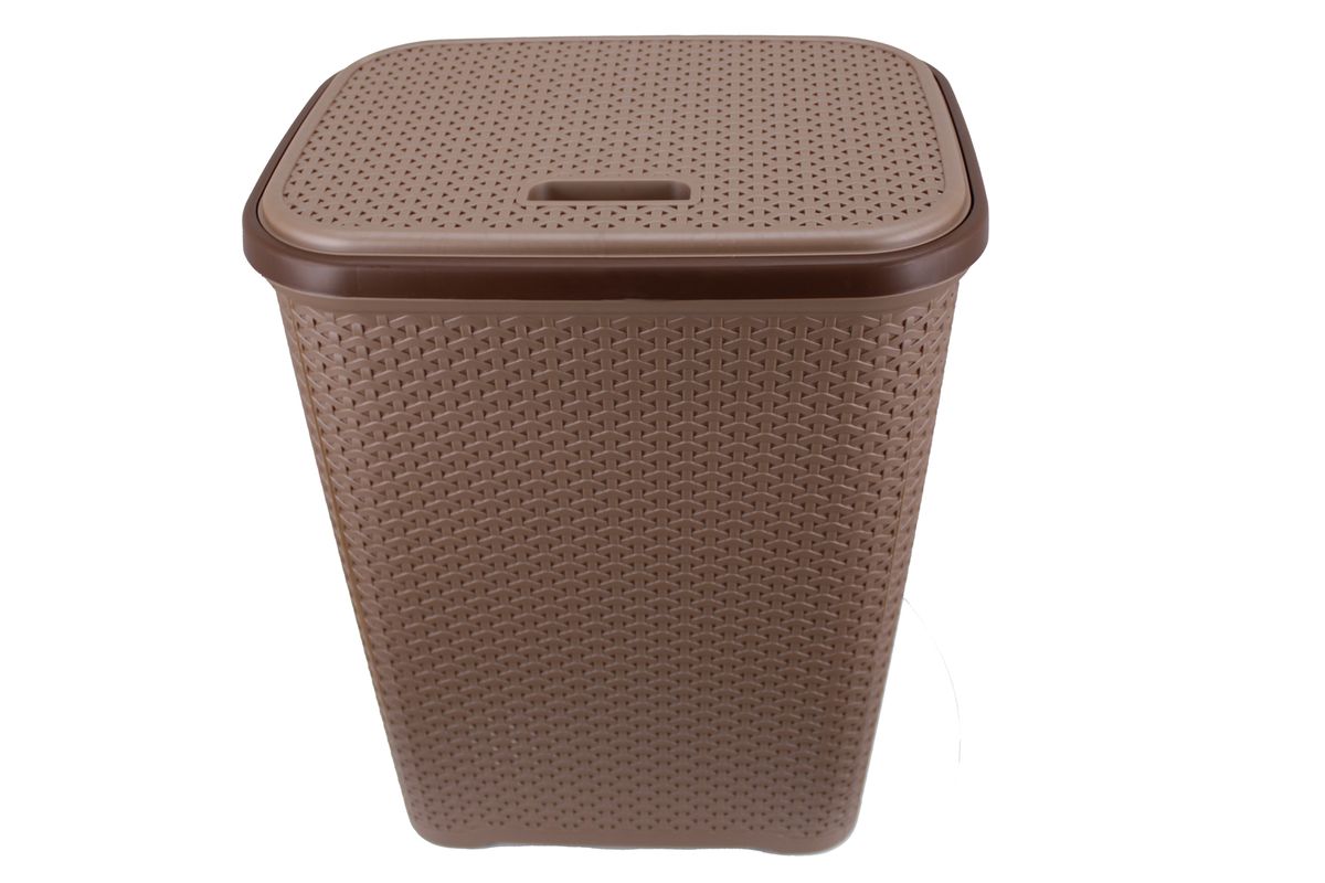 Two Tone Reed Weave Replica PVC Laundry Basket with Hinge Lid - Chocolate