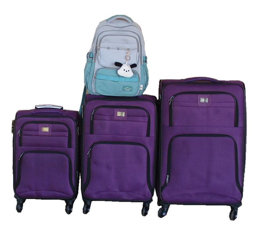 Purple 3pcs Expandable Fabric Spinner Luggage Set with Panda Charm Backpack