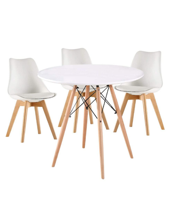 Modern Wooden Round Dining Table with 3 Set of Soft Padded Chairs Set-White