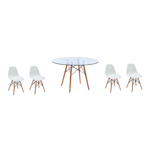 5 Piece Glass Table and White Wooden Leg Chairs