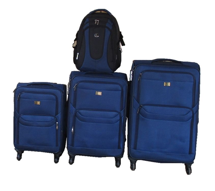 3-Piece Navy Fabric Spinner Luggage Set with Two-Tone Travel Backpack