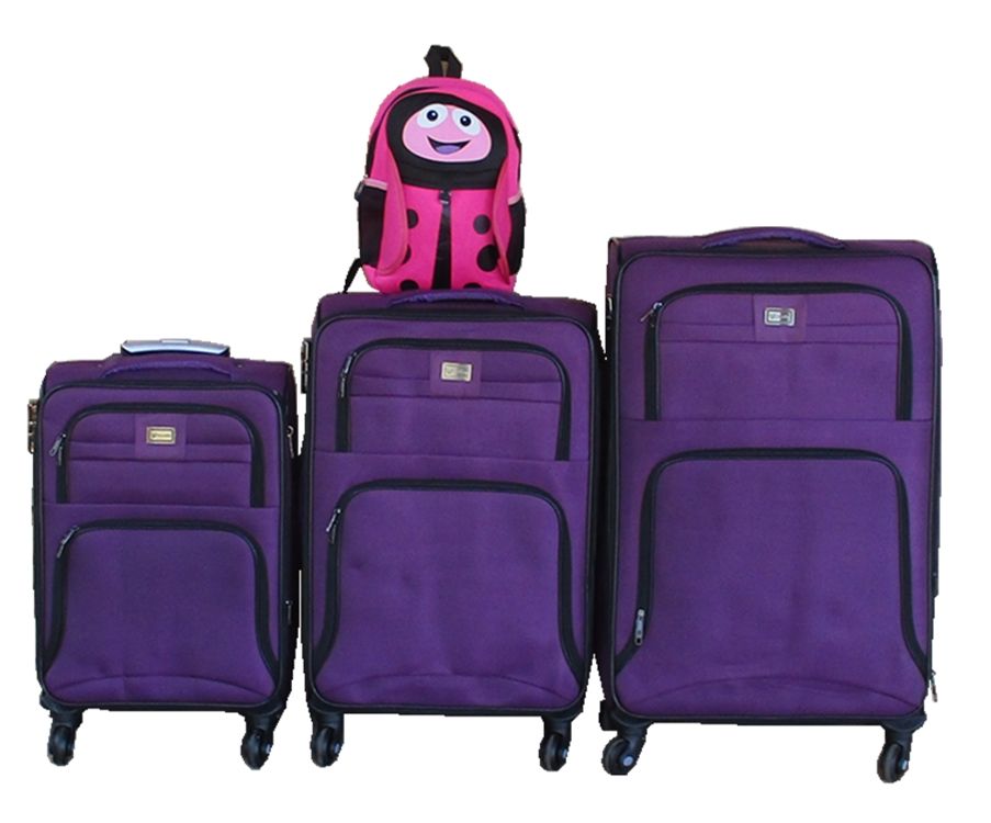 3-Piece Purple Fabric Spinner Luggage Set with Pink Ladybug Backpack