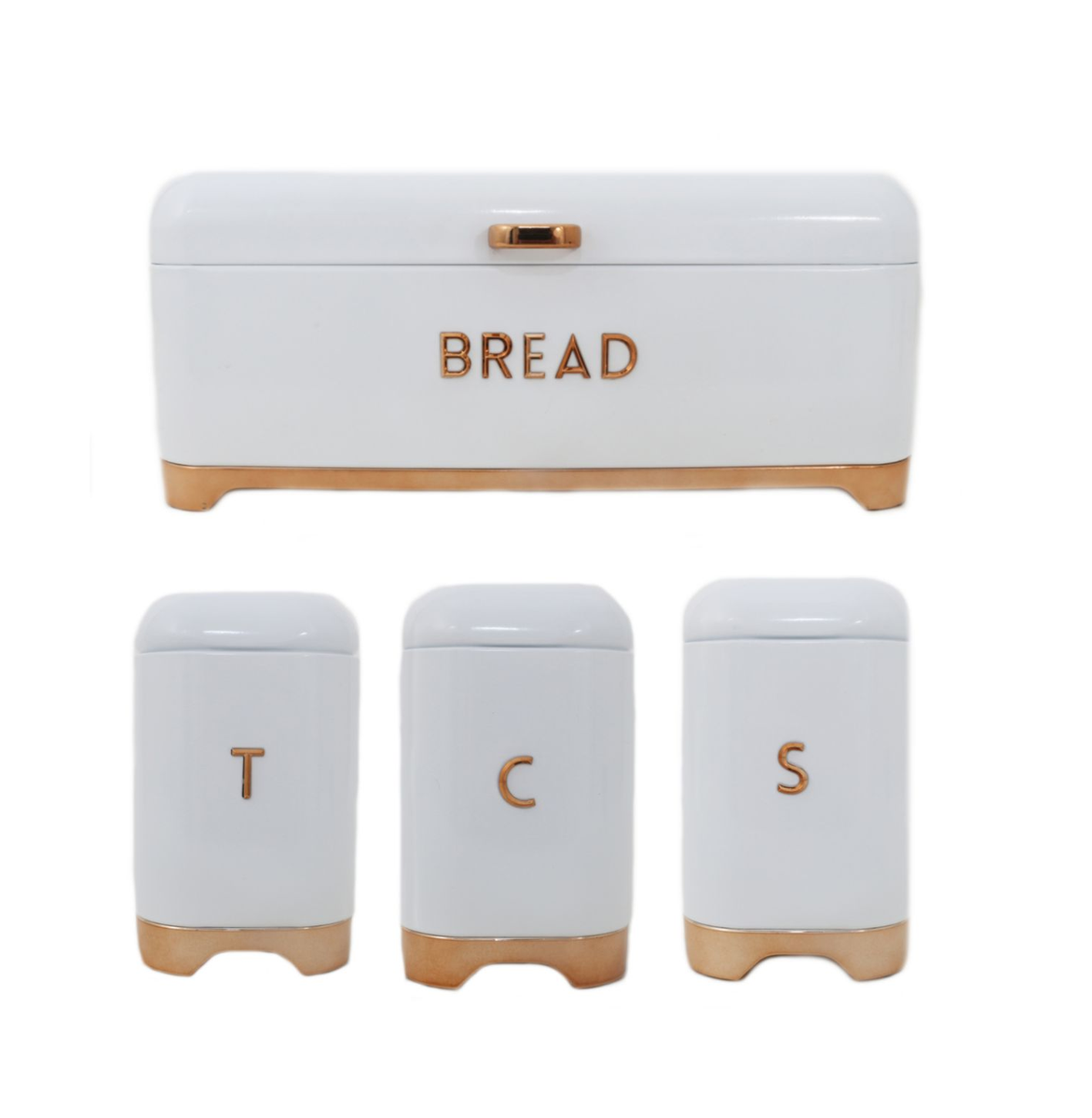 Bread Bin With Tea Coffee Sugar Canister Set - Retro 4 Piece - White & Rose Gold