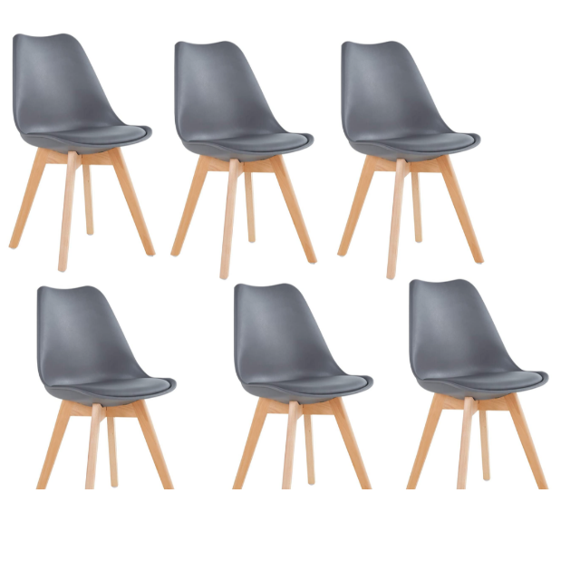 Dining Chairs - Cushioned Seat / Wooden Legs - 6 Pack - - Grey