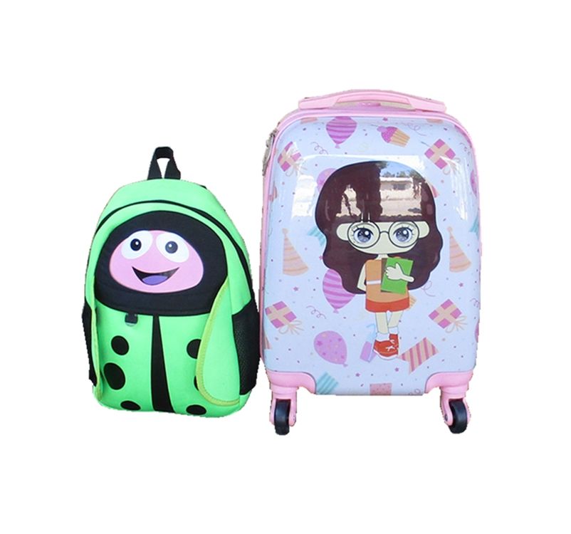 White Cartoon Girl Rolling Suitcase 4 - Wheel HardShell with Kid Bag