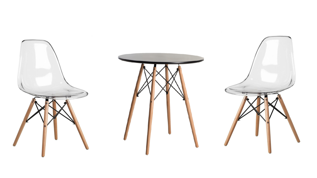 3 Piece Modern Wooden Table and Clear Wooden Leg Chairs - Black