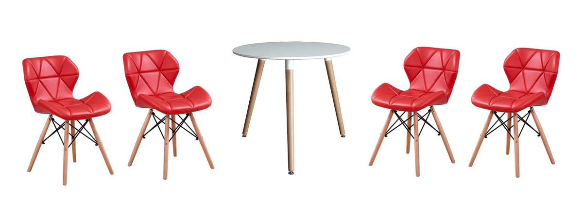 5 Piece Pre-Assembled Red Padded Dining Chairs & Wooden Leg Table